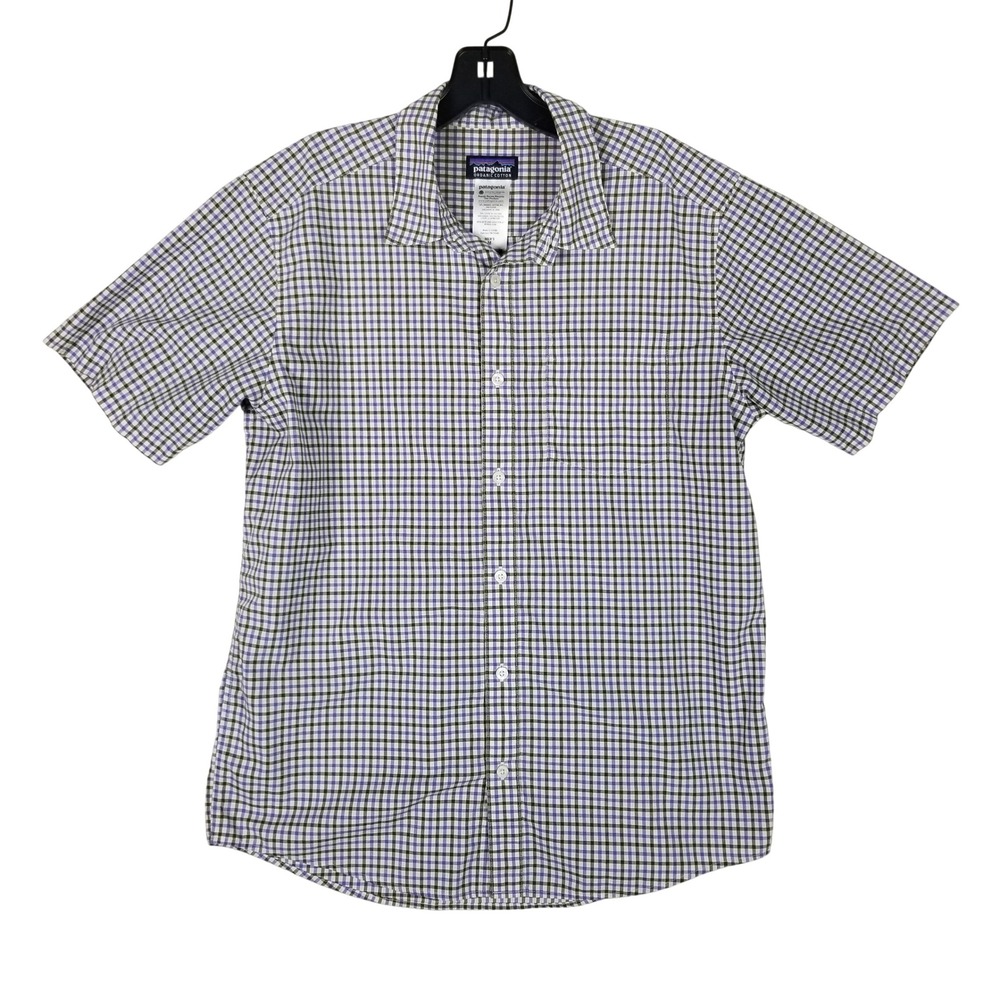 Patagonia Button Down Shirt Mens M Purple Olive Gingham Organic Cotton Blend
